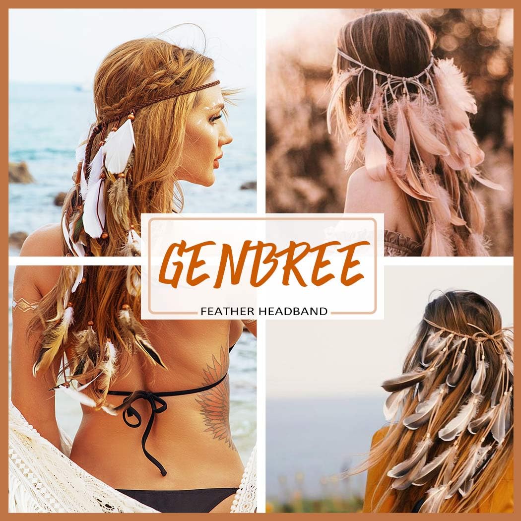 GENBREE Boho Feather Headbands Indian Headdress Gypsy Feather Headpiece White Hippie Headband Adjustable Long Feather Hair Accessories for Women and Girls (Pattern 2)