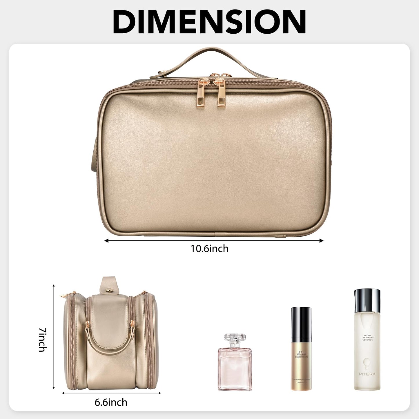 Travel Makeup Bag Women's Large Capacity Cosmetic Portable Organizer Large Opening Waterproof Storage Toiletry Bags Vertical Free-Standing Brush Holder for Easy Access Copper