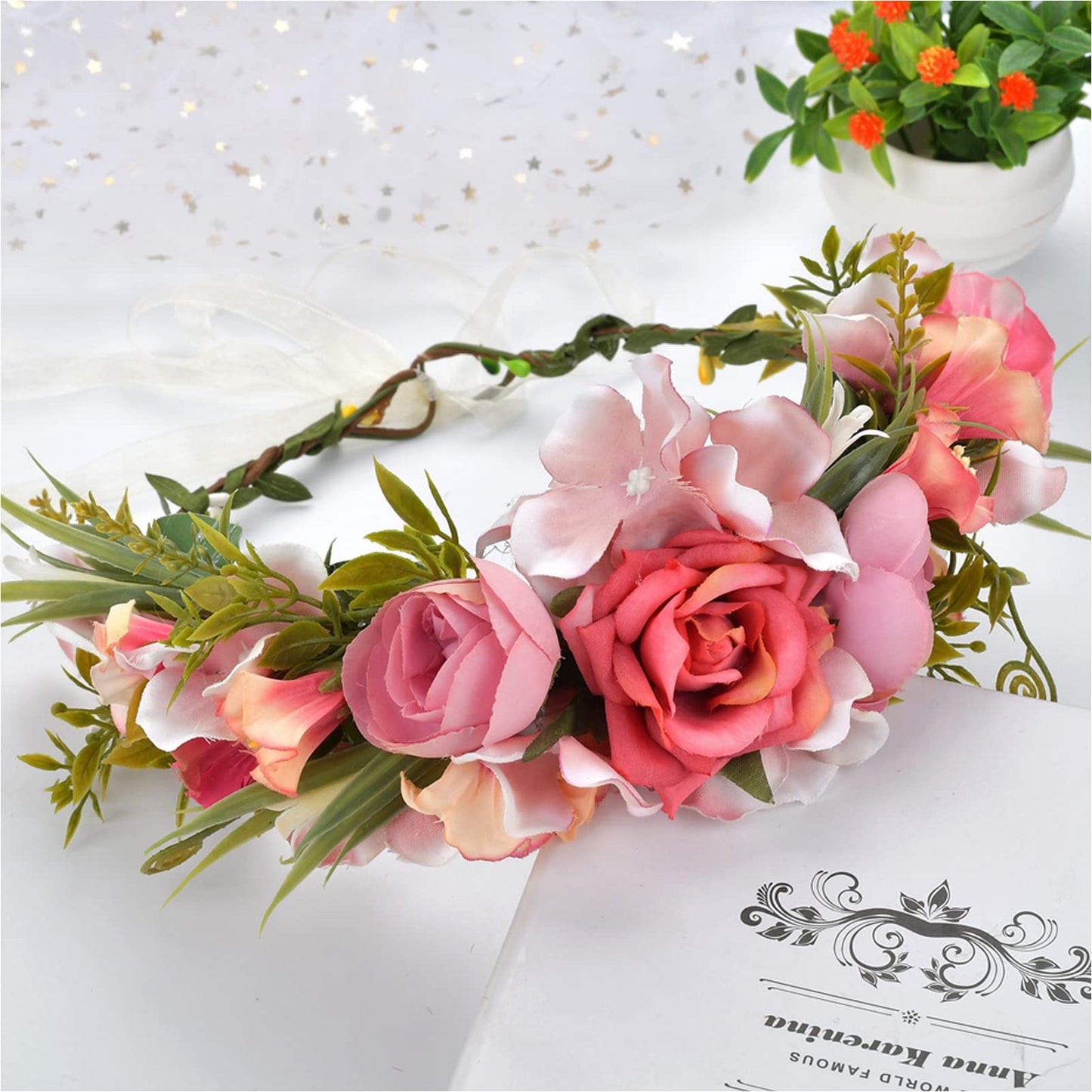 YnimioAOX Handmade Adjustable Flower Wreath Headband Halo Floral Crown Garland Headpiece,ZN2-hot Pink