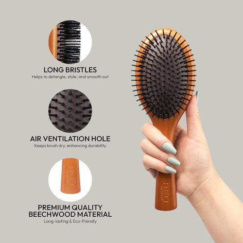 RED Premium Evergreen Wooden Paddle Brush - Detangling Hair Brush for All Hair Types (Oval)