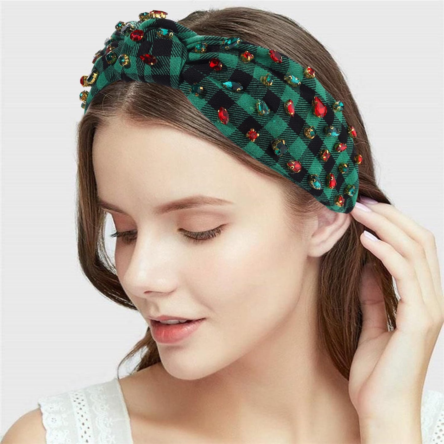 Christmas Holiday Headband for Women Rhinestone Crystal Knotted Headband Embellished Red Green Plaid Top Knot Headband Christmas Hair Accessories Holiday Outfits Festive Party Gifts (Christmas 2)