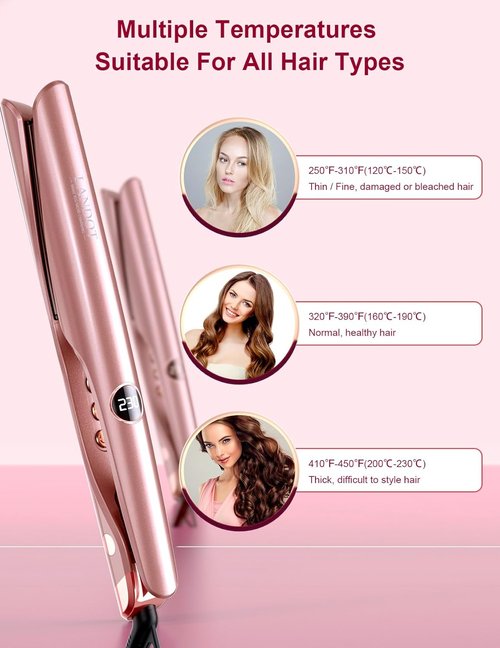 LANDOT 2-in-1 Hair Straightener & Curler - Fast Heating Ceramic Iron, 12 Temp Settings, Rose Gold