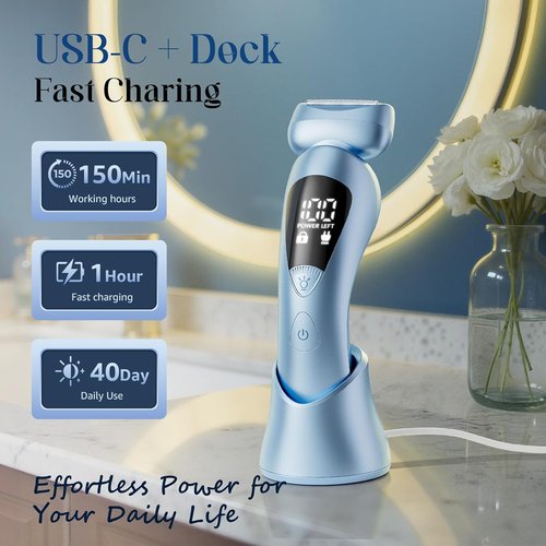 Rategist Cordless Electric Razor for Women - Rechargeable Painless Bikini Trimmer | IPX7 Waterproof Shaver with LED Display - Deep Blue