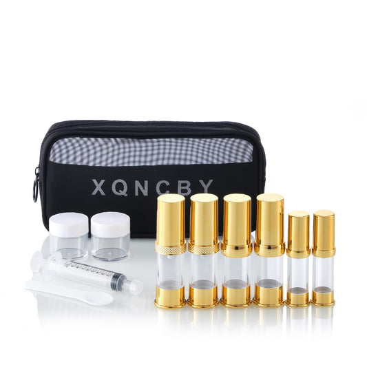 XQNCBY golden airless pump bottle with travel bag set with labels empty refillable cosmetic pump travel size containers hair oil, lotion and other liquids 5ml 10ml 15g(12 Packs)