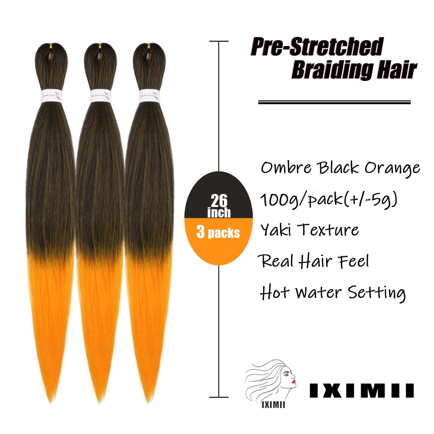 IXIMII Black and Orange Pre Stretched Braiding Hair 26 inch 3 packs Prestretched Braids Hair Straight Synthetic Crochet Braids Ombre Color Yaki Texture Hot Water Setting Hair Extensions