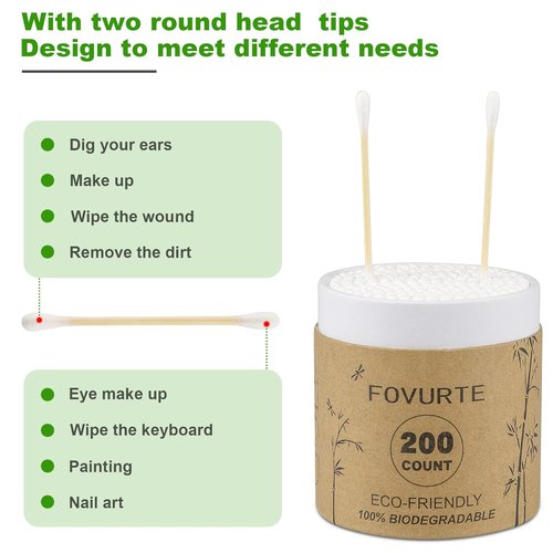 Bamboo Cotton | Organic Cotton Swabs - 400 Count Double-Headed Ear Buds for Travel & Makeup Removal