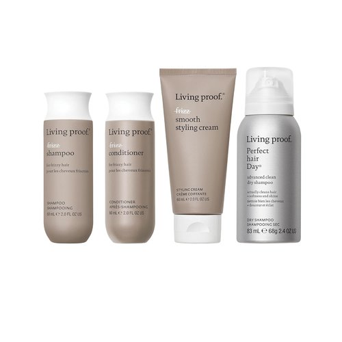 Living Proof Frizz-Free Hair Essentials Kit | Travel Size No Frizz Shampoo, Conditioner & Styling Cream