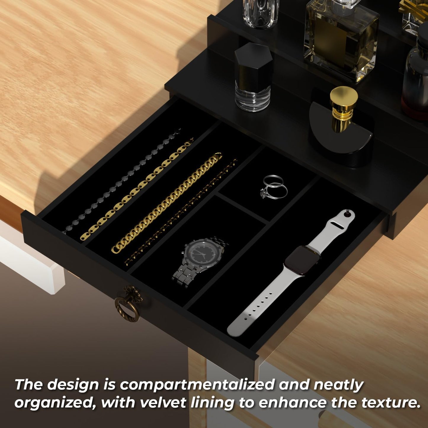 Skiennix 5-Tier Cologne Organizer - Premium Black Wood Perfume Display Stand with Drawer for Fragrance Collection