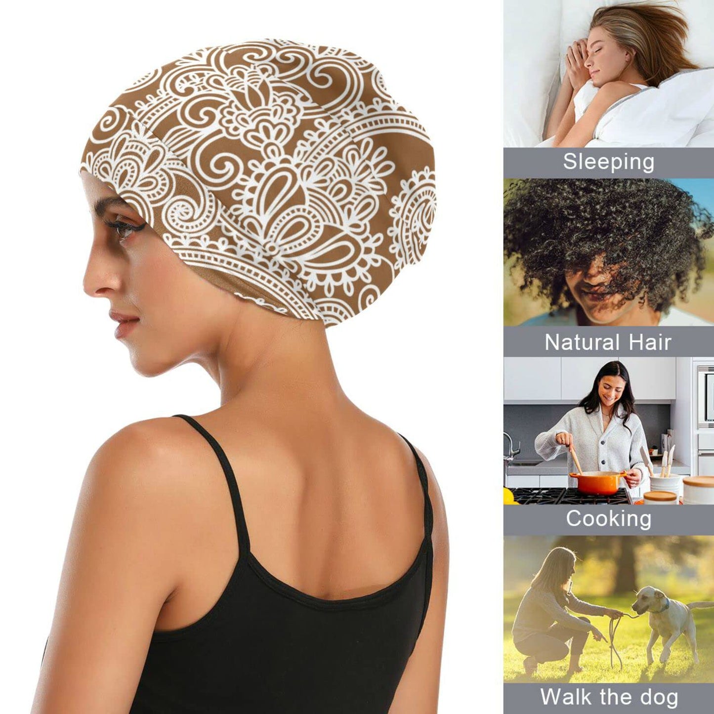 ElliTarr Satin Bonnet Lined Sleep Cap Hair Wrap Cover Slouchy Beanie for Curly Hair Protection for Gifts for Men Women Khaki Paisley