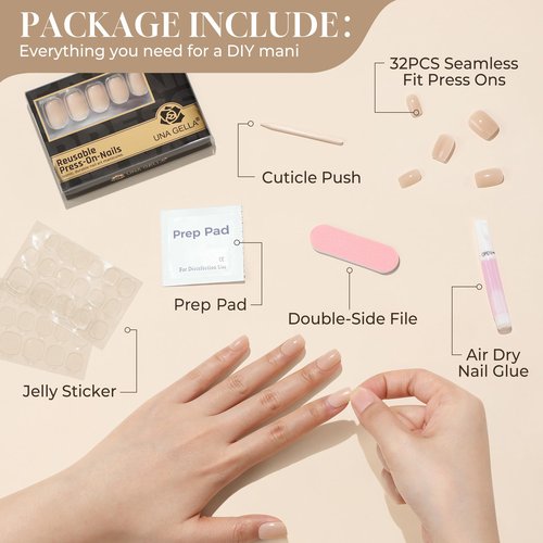 UNA GELLA Short Square Press On Nails: Nude Soft Gel Press Ons Short with Nail Glue, 16 Sizes - 32 Reusable Fake Nails Kit, Skin Tone Nude