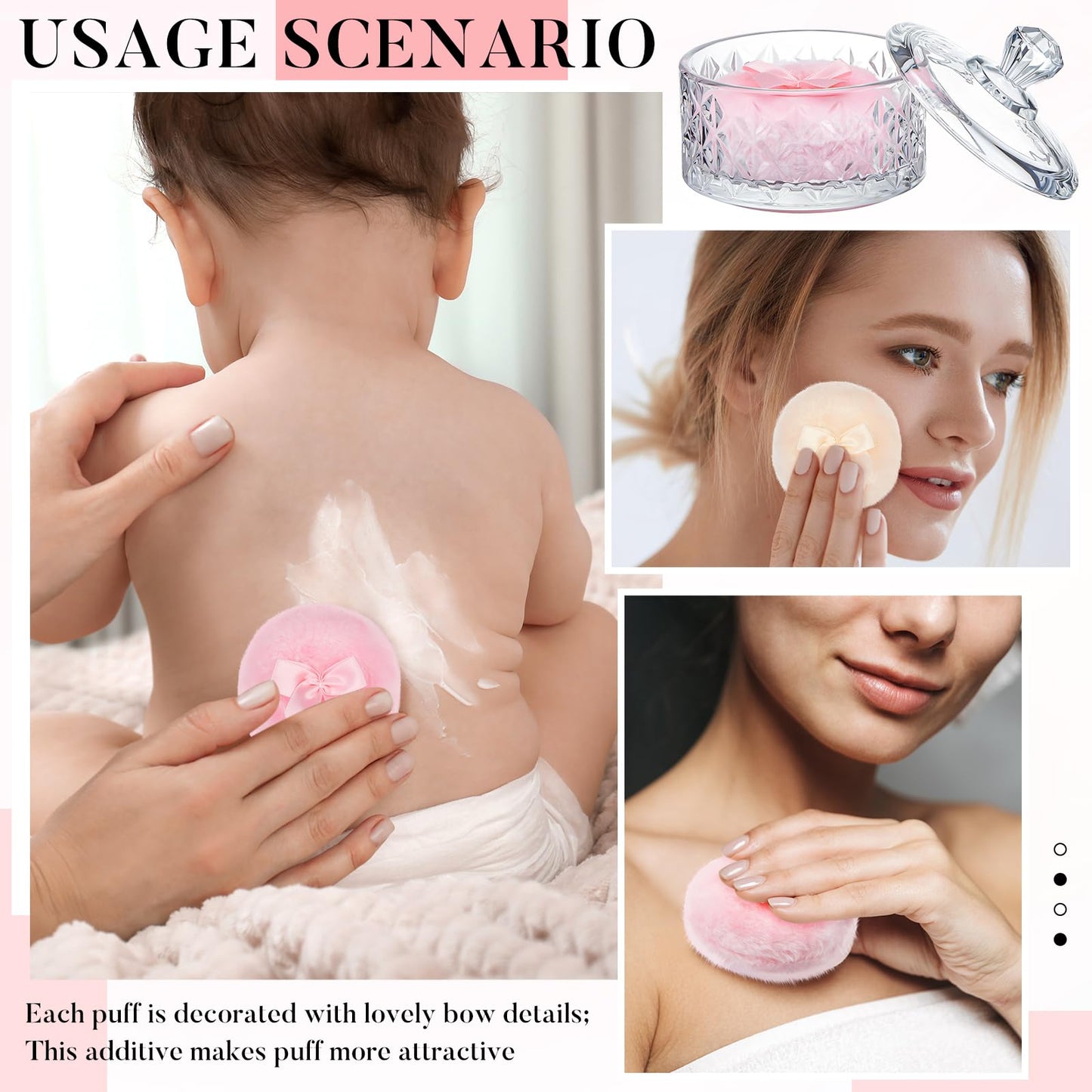 Tioncy 3 Pcs Large Body Powder Puff and Container Powder Container with Puff Crystal Case Soft Washable Reusable Velour Face Body Glitter Wet Dry Makeup(Diamond,Clear)