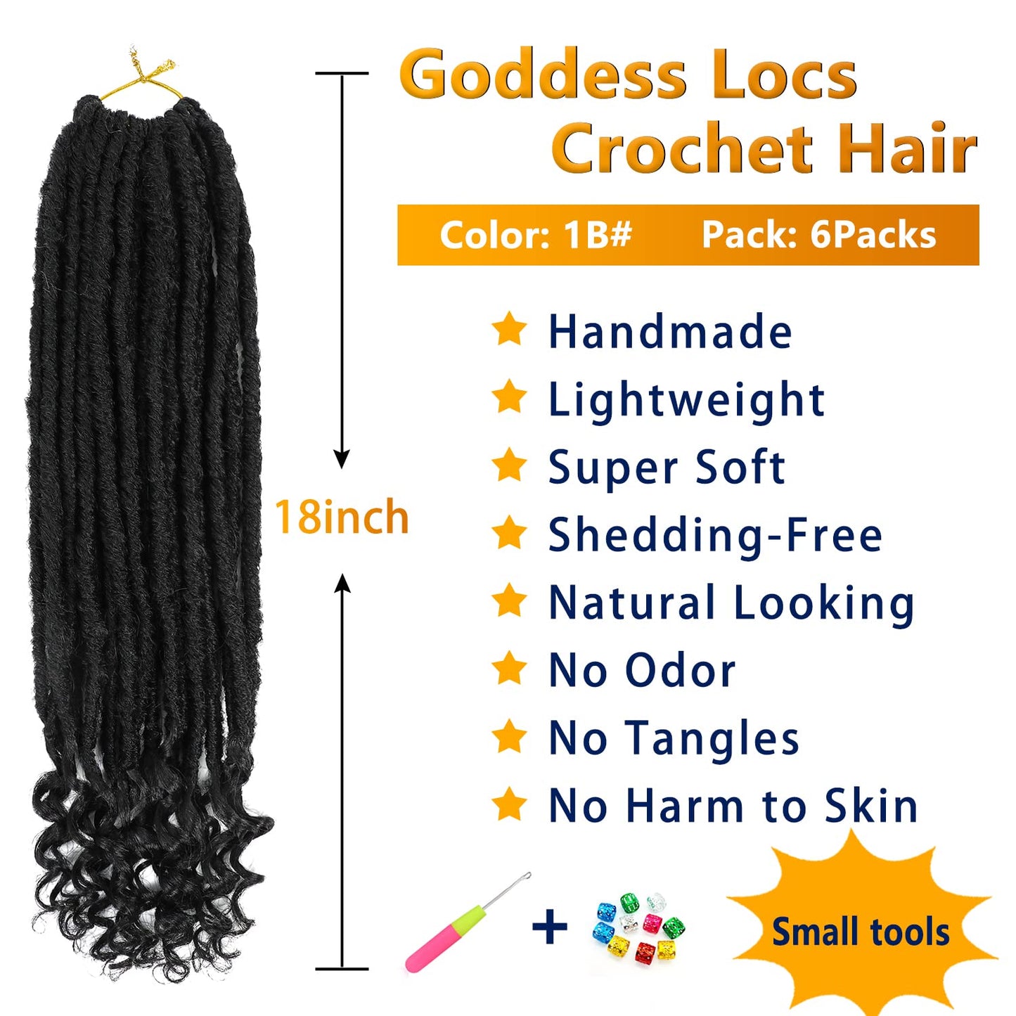 Goddess Locs Crochet Hair 6 Packs 18 Inch Straight Faux Locs Crochet Hair for Black Women, Crochet Pre-Looped Curly Hair Soft Faux Locs Synthetic Braiding Hair Extensions (18 Inch, 6 Packs, 1B#)