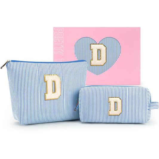 mibasies 2 PCS Initial Makeup Bags for Women: Cosmetic Bag for Travel Toiletry - Birthday Gifts for Girls Sister Wife Friend Daughter - Preppy Teen Girl Gifts Trendy Stuff - Blue D
