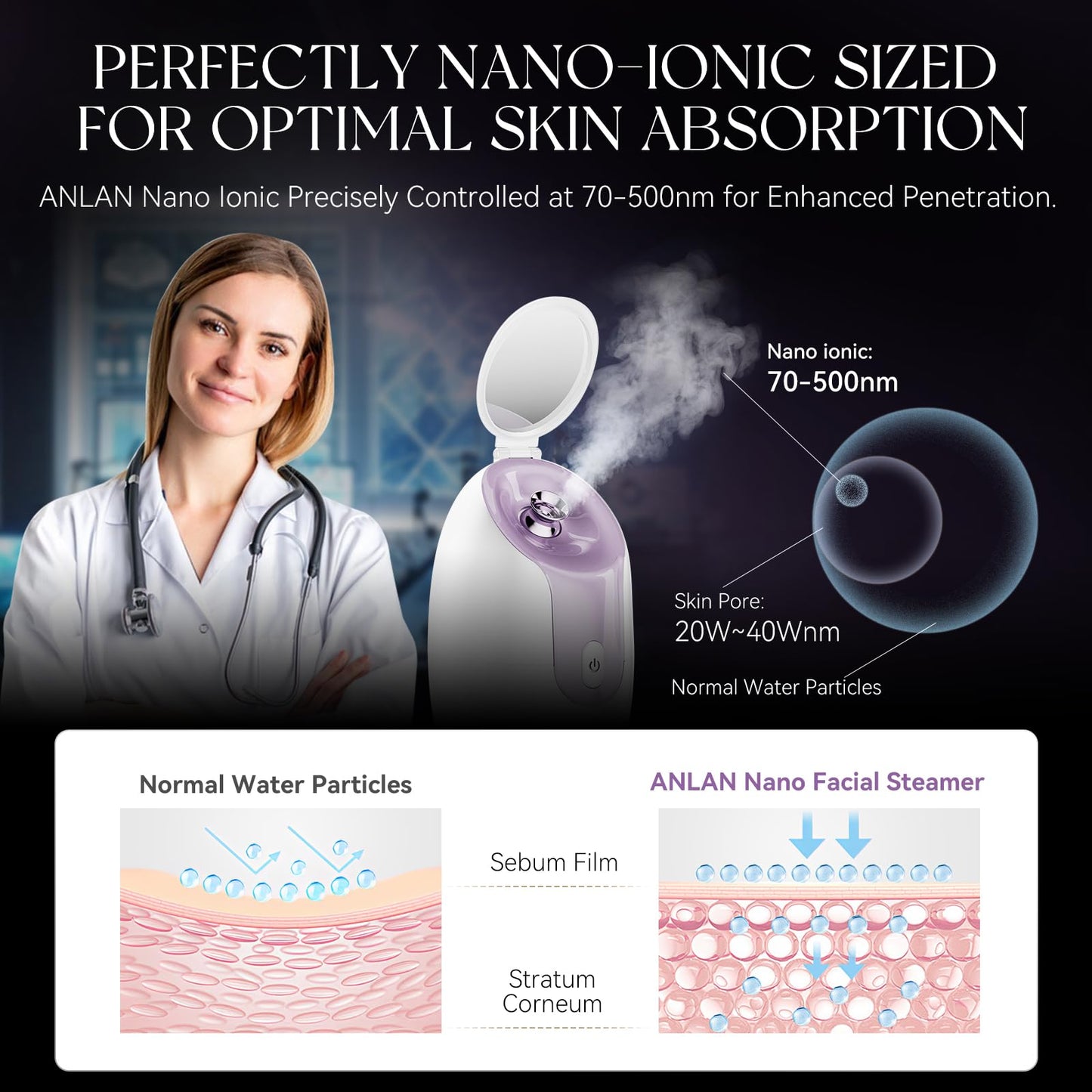 Nano Ionic Facial Steamer with Makeup Mirror, Instant Mist in 30s, 7ml/Min High Mist Output, Built-in Adjustable Nozzle, 145ml Large Tank for 20 Minutes of Continuous Deep Cleaning & Blackhead Removal