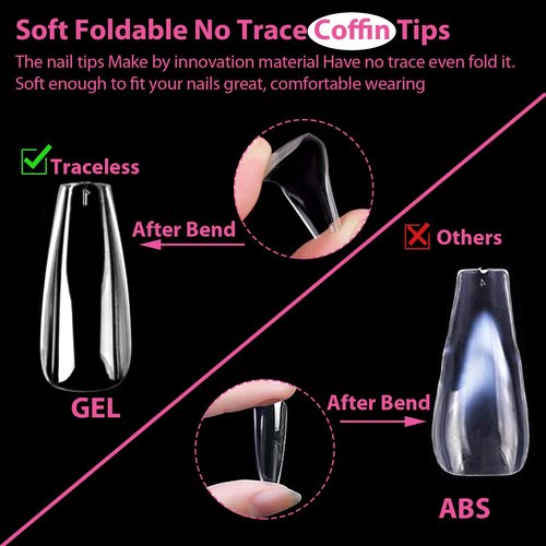 UNA GELLA Long Coffin Nail Tips 504pcs Clear Long Gel Nail Tips Coffin Pre-shaped Full Cover Fake Nails Acrylic False Press on Nails For Nail Extension DIY Salon Soft Gel Tips 12 Sizes
