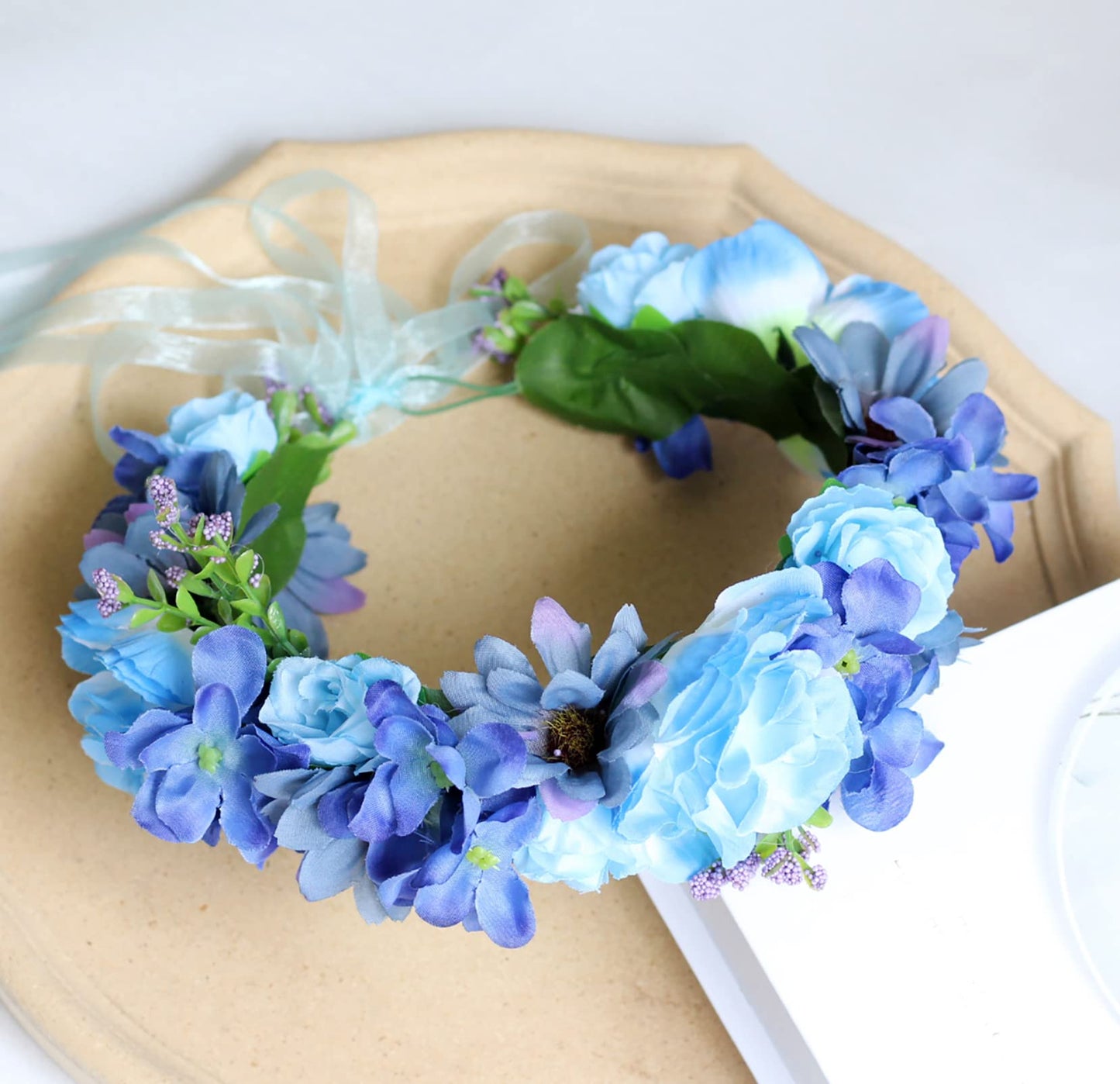 Trepveter Floral Crown Hairband, Blue, Adjustable Boho Halo with Ribbon, Perfect for Any Occasion Simulation Flower, 1x Flower Crown