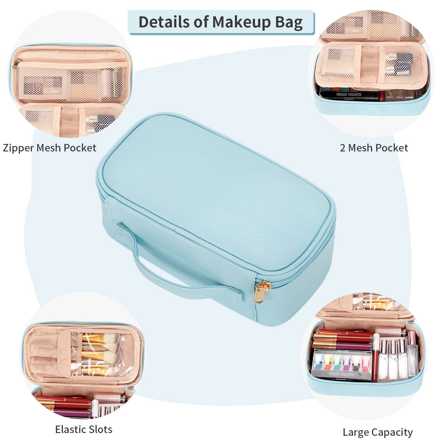 OCHEAL Small Makeup Bag,Portable Cute Travel Makeup Bag Pouch for Women Girls Makeup Brush Organizer Cosmetics Bags with Compartment-Lake Blue
