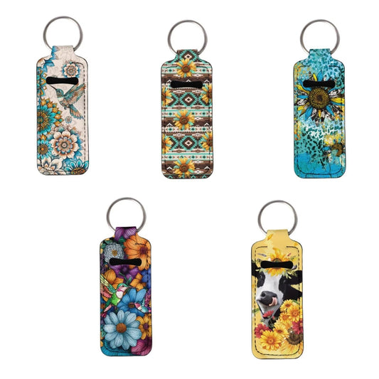 PCSJRKG Lipstick Holder Keychain Bulk, Mandala Flower Hummingbird Printed Lip Balm Holder for Lipstick, Chapstick, Lip Balm, Portable Sunflower Cow Printed Chapstick Holder Keychain