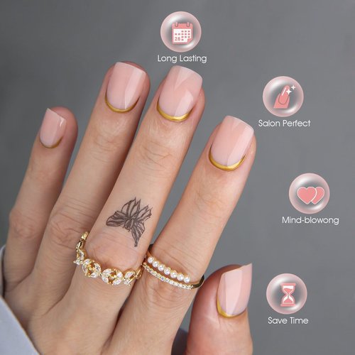 MqpQ Gold Reverse French Press On Nails Short - Soft Gel Press On Nails with Chrome Design,Square Fake Nails Kit, Glossy Reusable Nails for Women - 24pcs,Glance Back