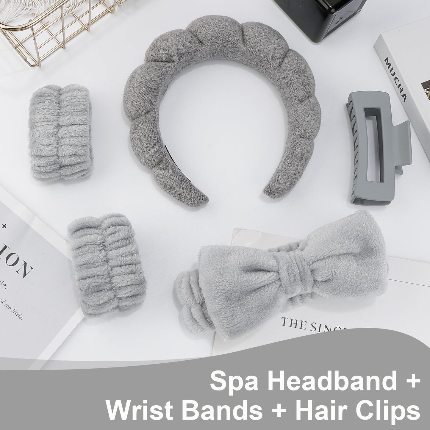 Canitor Sponge Spa Headbands Wristband Set with Hair Clips Skincare Headbands for Washing Face Non Slip Puffy Terry Cloth Makeup Headband Face Wash Wrist Bands Cute Trendy Stuff (gray)