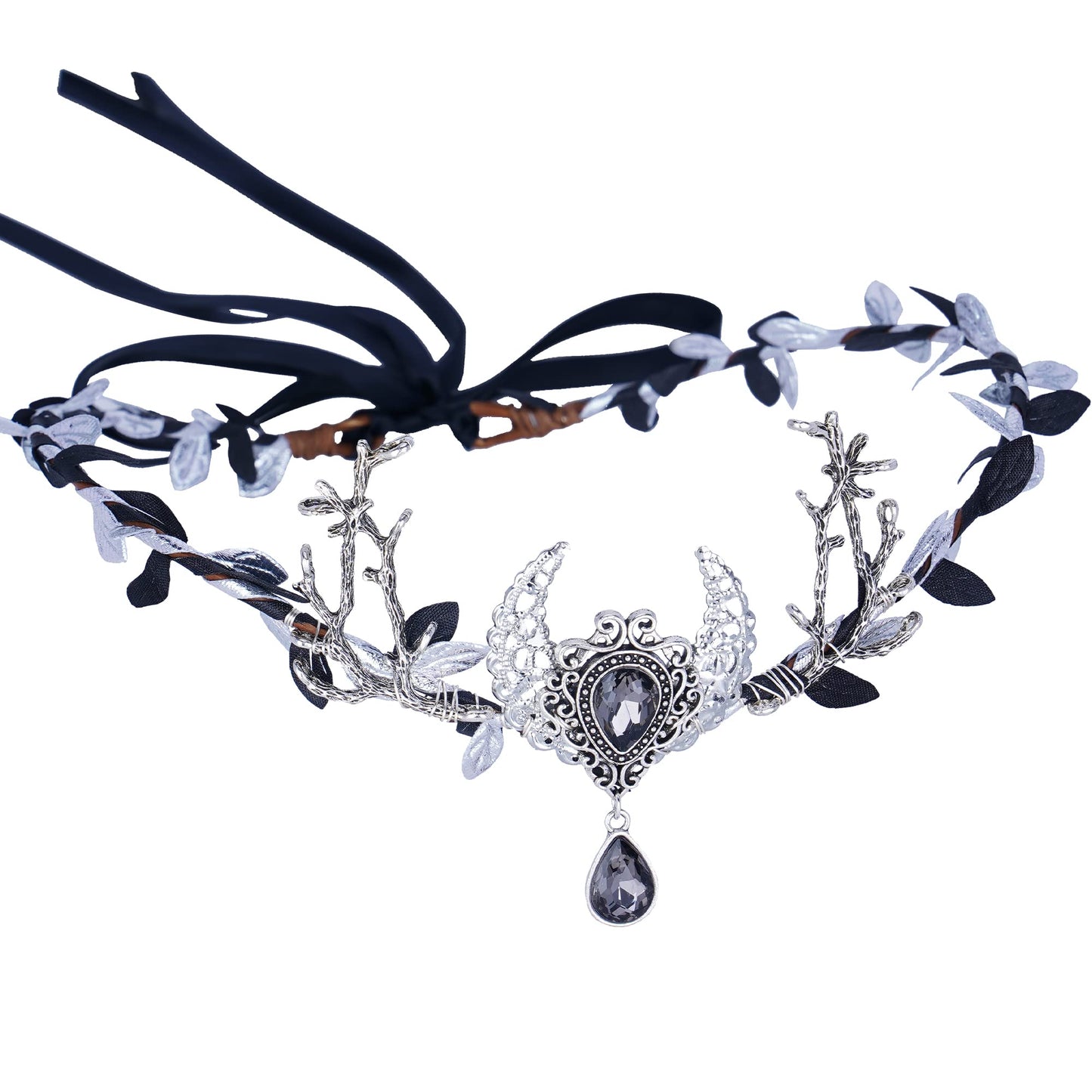 MOSTORY Handmade Silver Moon Crown - Fairy Headpiece Woodland Elf Circlet Dark Forest Tiara for Witch Women Girls Renaissance Faire Halloween Cosplay