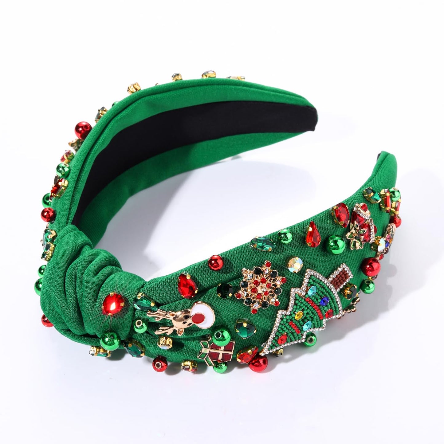 NVENF Christmas Headband for Women, Big Xmas Tree 3 - Premium Quality Fabric Crystal Pearl Knotted Headband, Holiday Hair Accessories, Wide Top Knot, Christmas Outfits Gifts