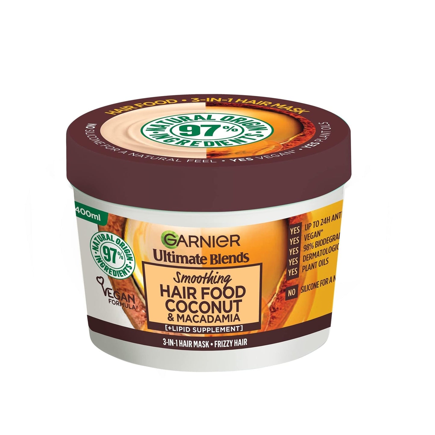 Garnier Hair Food 3-in-1 Hair Treatment Mask, Smooths and Nourishes, For Frizzy & Curly Hair, No Silicones, Vegan Formula, Coconut Oil, Ultimate Blends, 400ml (Packing and Ingredients may vary)