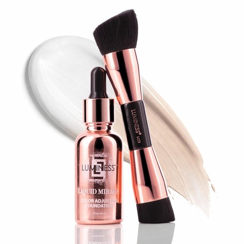 LUMINESS Liquid Mirage Foundation Kit - SPF 50 Color Adjusting Formula with Primer & Brush | Perfect for Mature Skin
