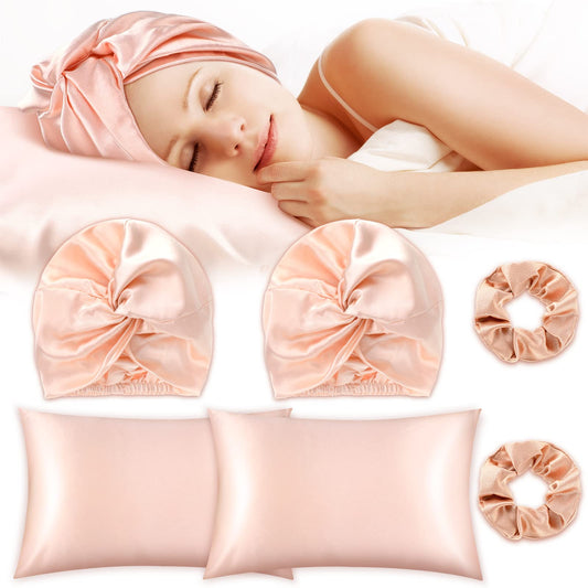 6 Pieces Silk Cap Silk Pillowcase Set, Silk Sleeping Bonnet Silk Hair Wrap Silk Pillow Cases Silk Hair Scrunchies Silk Hair Ties Elastic Silk Ponytail Holders for Women Girls (Rose Gold, Pink)