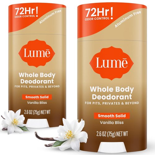 Lume Whole Body Deodorant - Smooth Solid Stick for 72-Hour Odor Control - Aluminum & Baking Soda Free - 2.6 Ounce (Pack of 2) | Vanilla Bliss