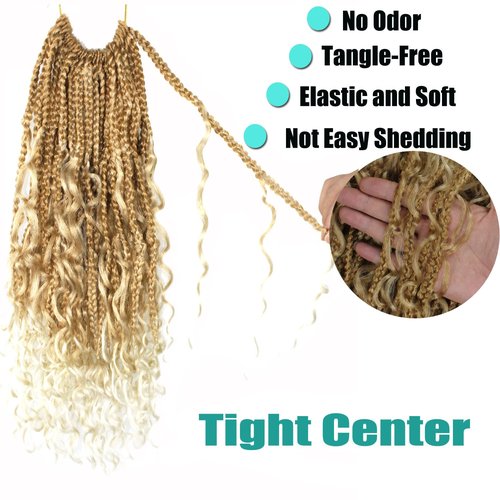 9 Pack Boho Box Braids Crochet Hair - 18 Inch Pre-looped Goddess Box Braids Crochet Hair Bohemian Crochet Boho Crochet Braids With Curly Ends Synthetic Crochet Hair For Women（18 Inch,27/613)