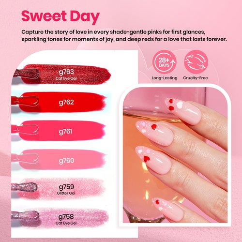Beetles 30 Pcs Gel Nail Polish Kit with U V Light - 6 Colors Red Cat Eye Gel Polish Set Pink Jelly Glitter Sweet Date Collection with Heart Magnet Manicure DIY Salon Gifts for Mom Women Teens Girls