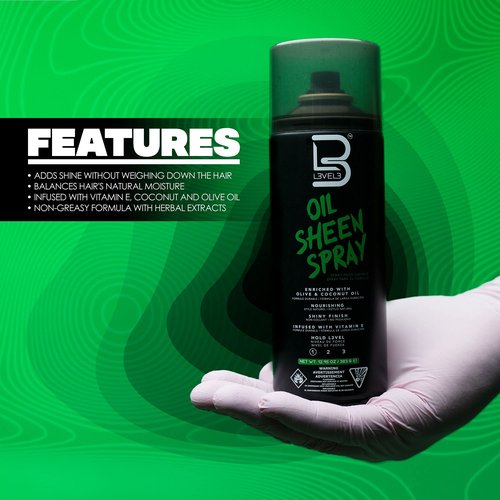 L3 Level 3 Oil Sheen Spray - Adds Shine to Hair After Styling - Infused with Vitamin E, Olive, Coconut Oil and Herbal Extracts