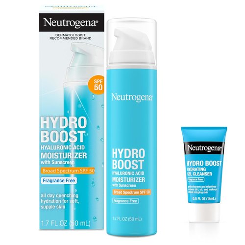 Neutrogena Hydro Boost Face Moisturizer - Hydrating SPF 50, Fragrance-Free, 1.7 fl. oz | Includes Trial Size Cleanser 0.5 fl. oz