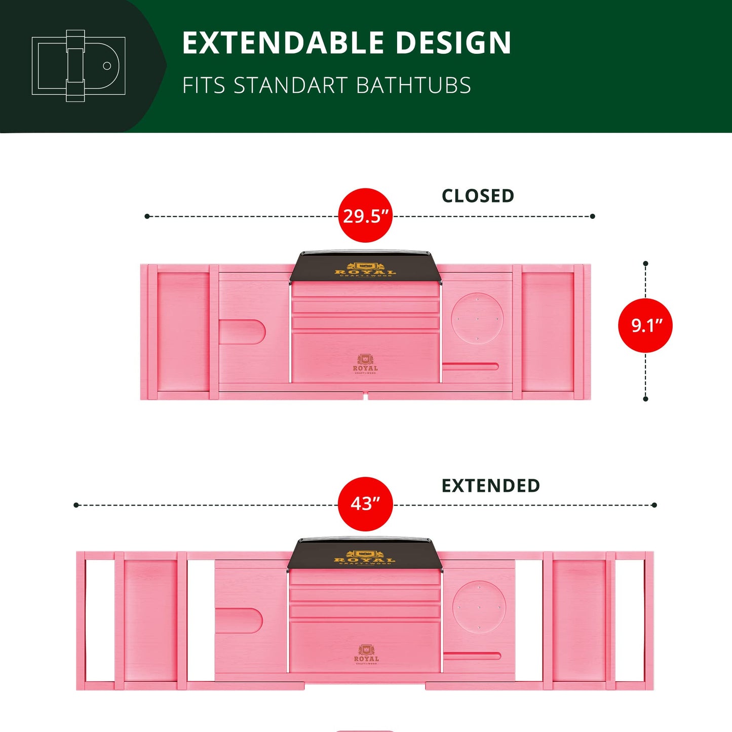 ROYAL CRAFT WOOD Luxury Bathtub Caddy Tray, One or Two Person Bath and Bed Tray, Bonus Free Soap Holder (Pink)
