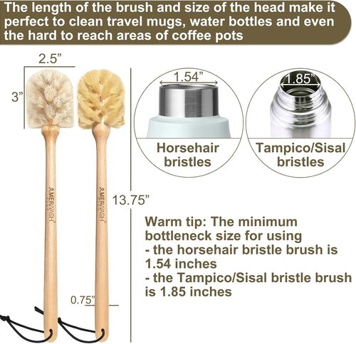 Natural Bristle Bottle Brushes by [Brand Name] - 13.75-Inch Long Wood Handle for Easy Cleaning of Jars, Glasses & Vases | 2-Pack