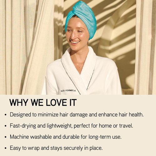ILES FORMULA Hair Turban Towel - Ultra-Soft Microfiber Wrap for Fast Drying & Frizz Control | Large Spa Blue