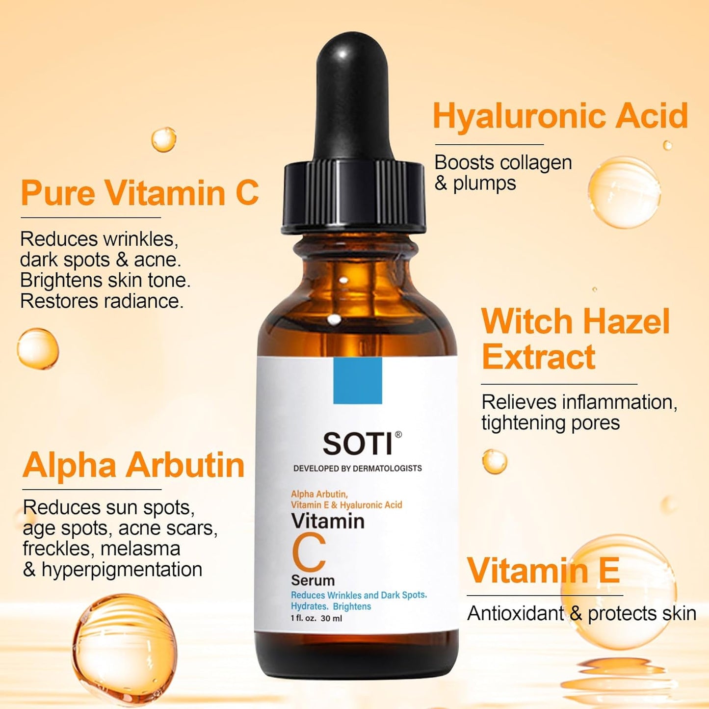 Skiennix Vitamin C Face Serum 20% - Anti-Aging Formula with Hyaluronic Acid & Alpha Arbutin | 1 fl. oz. (30ml)