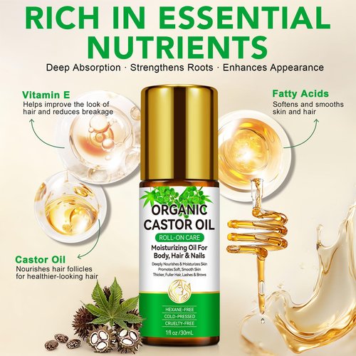 Acorn + Oak Organic Castor Oil 1 fl.oz,100% Pure Cold Pressed for Hair Growth, Eyebrows & Eyelashes – Natural Moisturizer for Skin & Nails – Roll-On Glass Bottle, Multi-Purpose Care