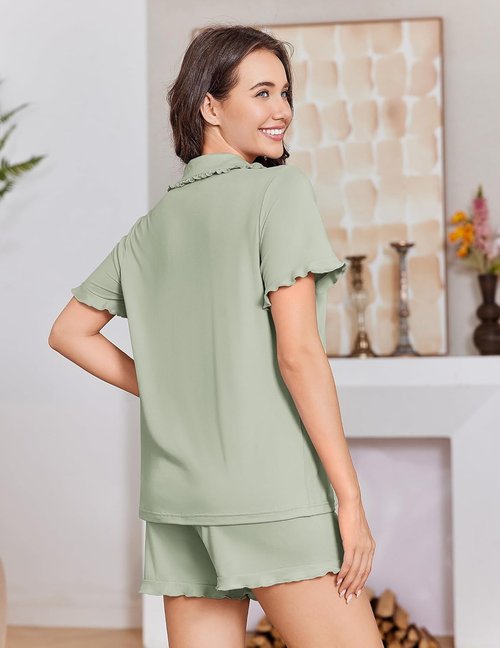 Ekouaer Women's Pajama Set - Cute Button Down 2 Piece Short Sleeve Ruffle Lounge Sleepwear