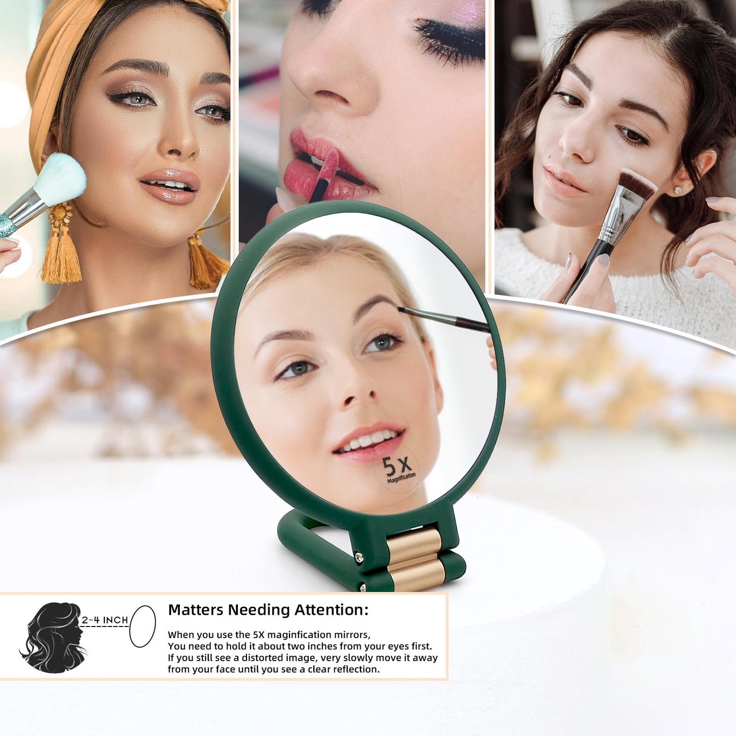 Novadex 1x 5X Magnifying Mirror, Handheld Hand Mirror with Handle, Travel Hand Held Vanity Mirror, Compact Double Sided Portable Magnification Small Make Up Mirrors for Precision Makeup (Army Green)