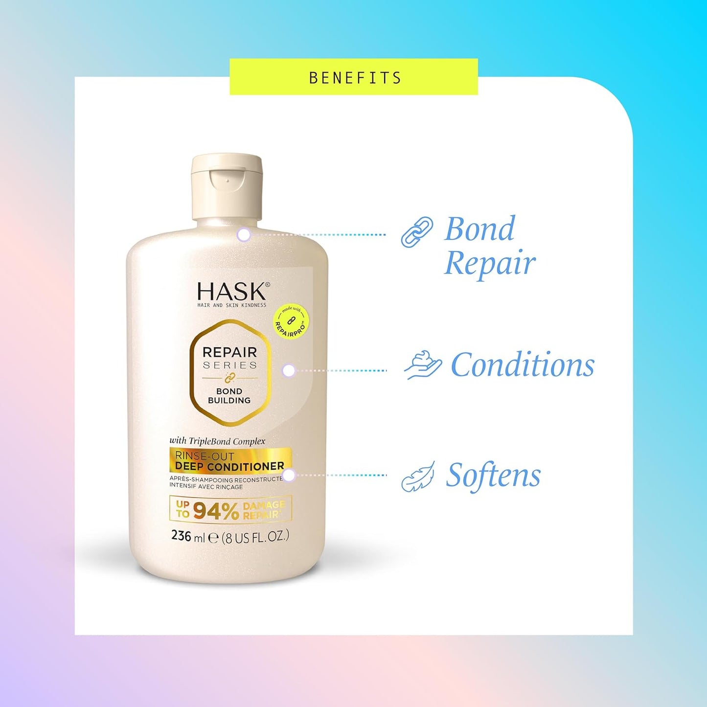 HASK Bond Building Deep Conditioner - Triple Bond Complex & Argan Oil, Repairs Damage, 8 oz