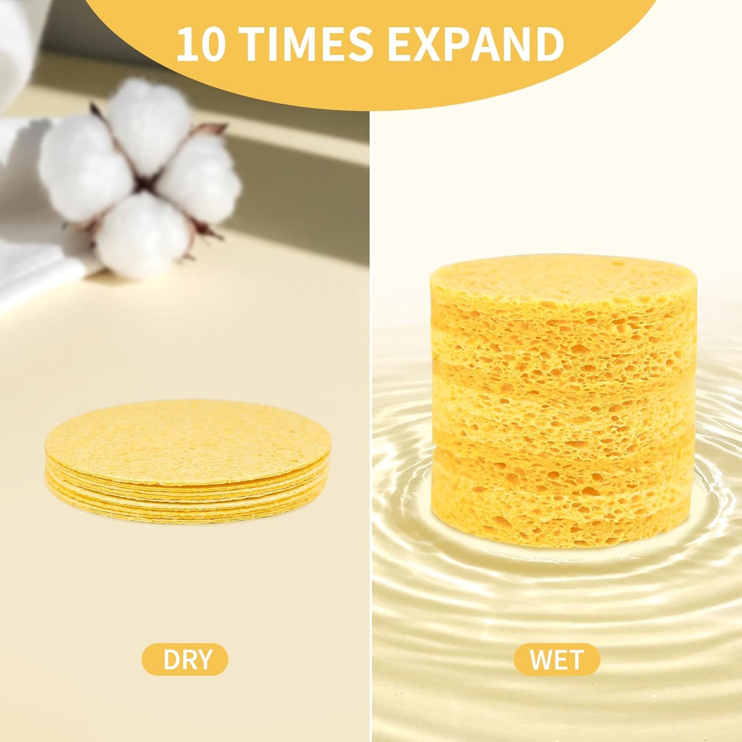 Compressed Facial Sponges - 100-Count Natural Cosmetic Spa Sponges for Cleansing & Makeup Removal | Yellow