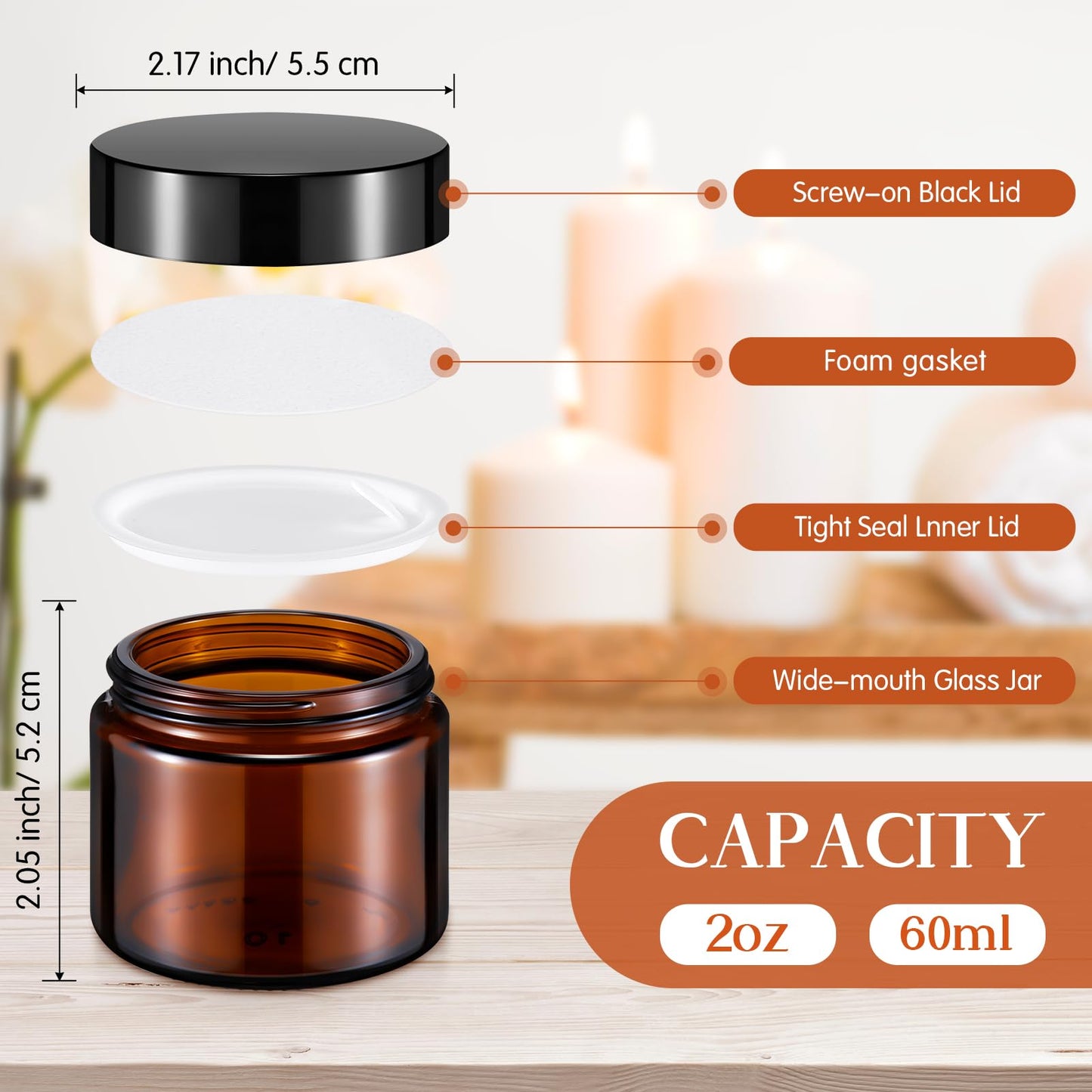 Domensi 48 Pcs 2 oz Glass Jars with Lids Travel Size Leakproof Round Airtight Empty Cosmetic Jars with Inner Liners Lid for Storing Lotions Powders Ointments Sample Cream Candle (Amber)