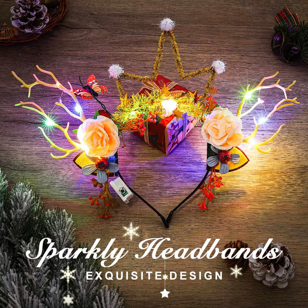 Nicute Light Up Christmas Headbands Xmas Reindeer Hair Hoop Glow Flower Holiday Party Hair Band for Women and Girls (Colorful-2)