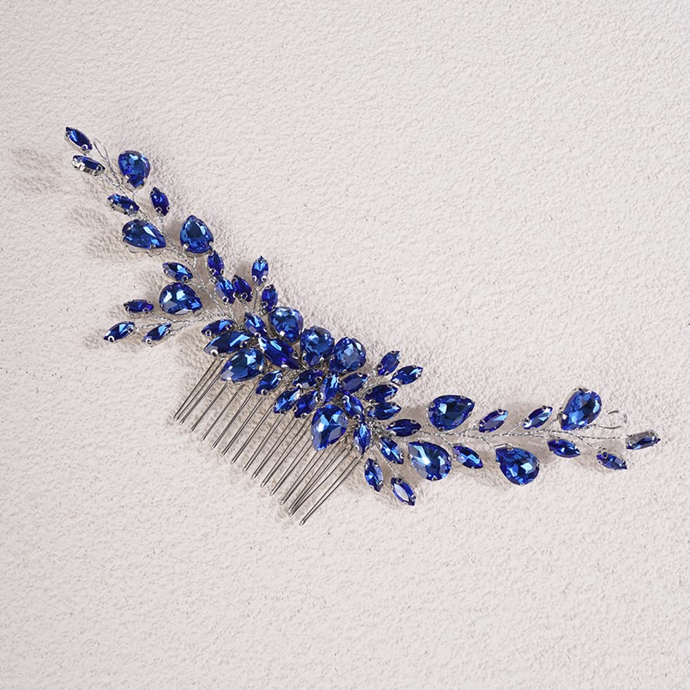 Jumwrit Wedding Hair Comb Rhinestone Teardrop Crystal Hair Comb Handmade Bridal Headpiece Hair Clip Party Hair Accessories for Wedding Bride Bridesmaid（Blue）