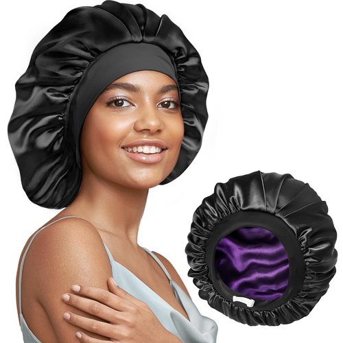 22 Momme 100% Real Mulberry Silk Bonnet for Sleeping Women, Large Hair Care Bonnet for Long Curly Hair, Double Layer Silk Wrap with Soft Elastic Band, Non-Slip Sleep Cap, Black+Purple