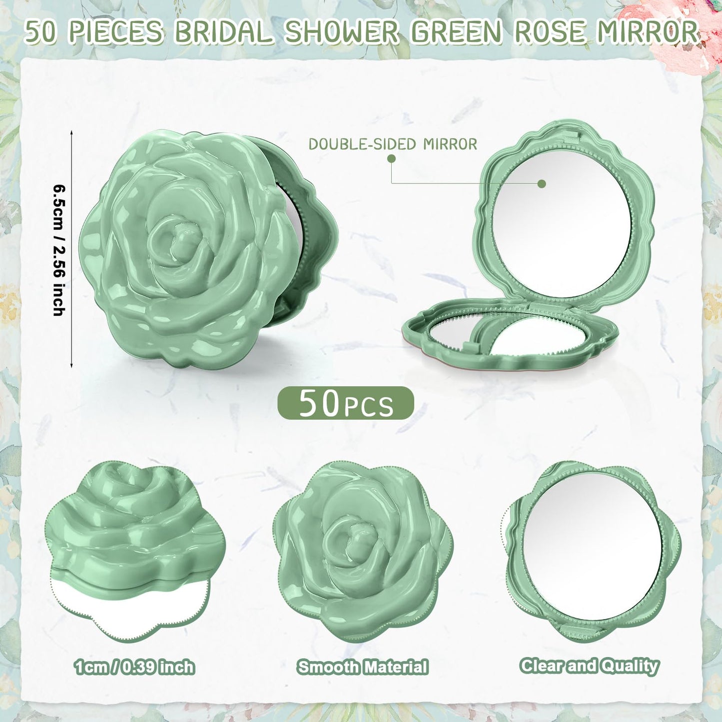 FoldTier 50 Sets Bridal Shower Party Favors for Guests Small Rose Compact Mirror Bulk Wedding Favors Thank You Cards and Organza Bags Wedding Party Guests Souvenir Gift (Green)