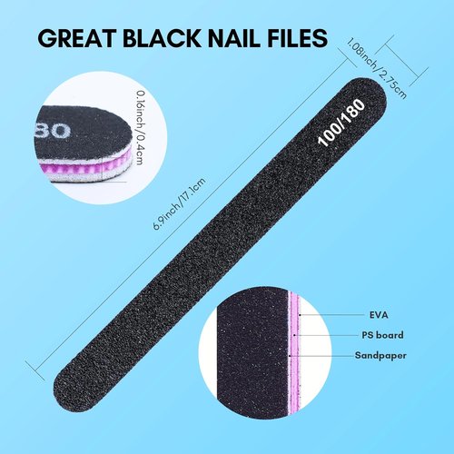 Makartt Nail File Set - 20 Pcs Professional 100/180 Grit Emery Boards | Black Washable Manicure Tools
