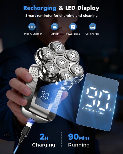 **7D Electric Head Shaver - 5-in-1 Pro Grooming Kit for Men | Waterproof, Type-C Charge, Travel-Ready**